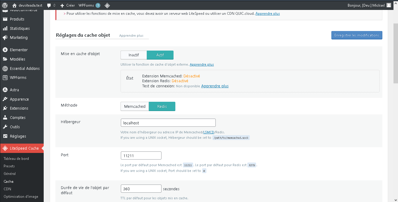 Activation de la mise en cache des objet et utilisation de Redis