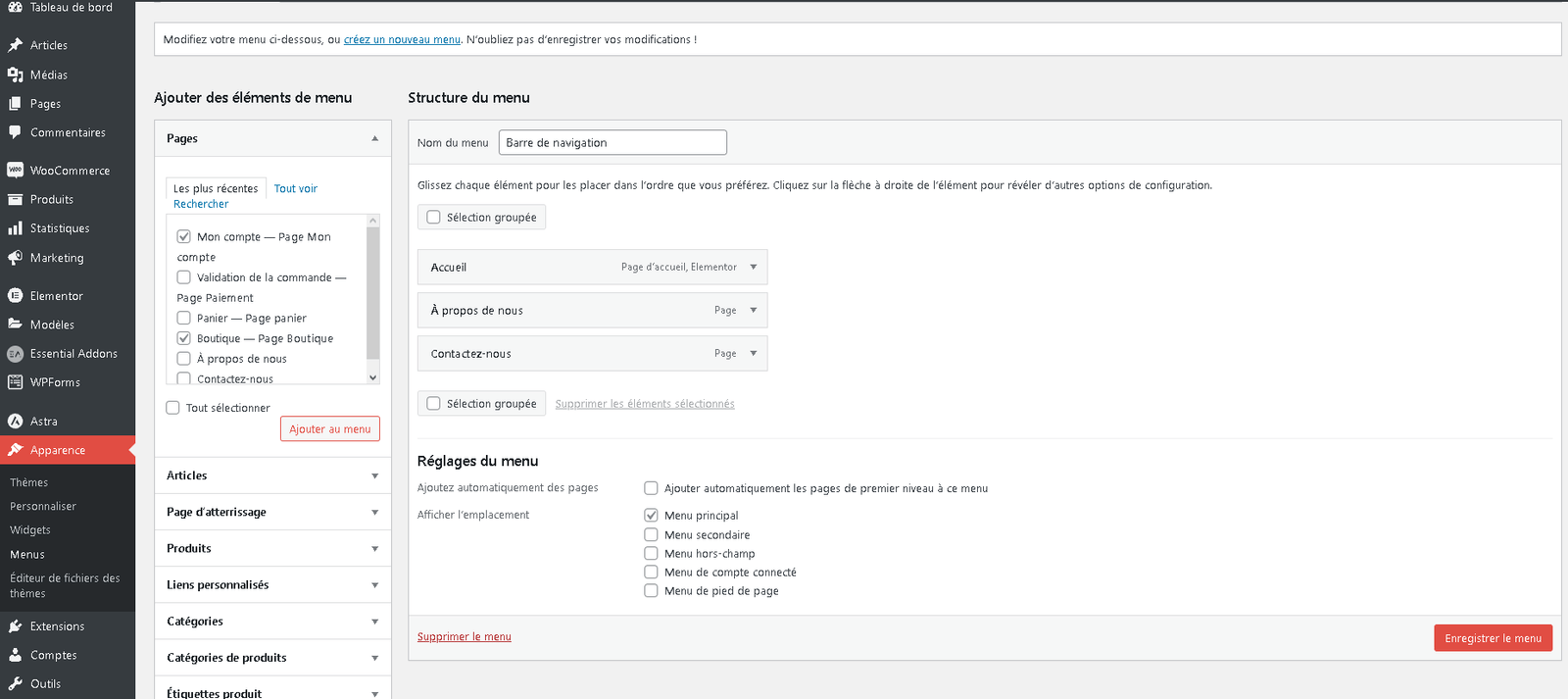Ajout des pages Mon Compte et Boutique de Woocommerce au menu