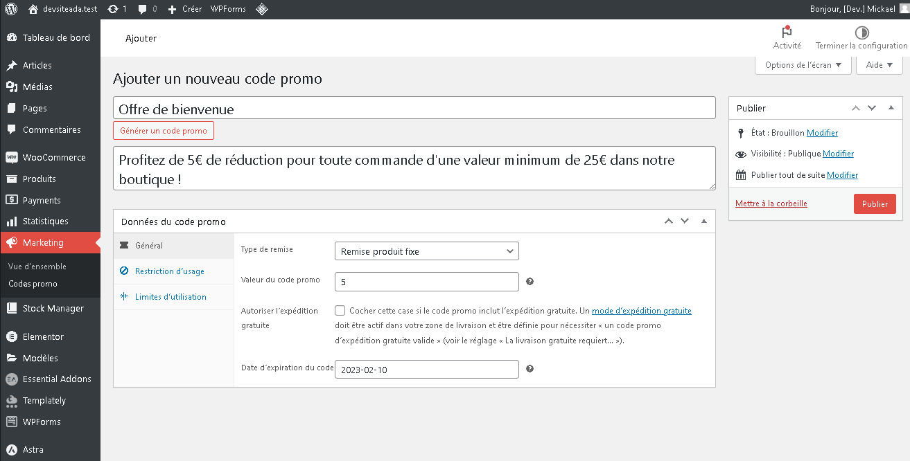 Création d'un coupon de réduction