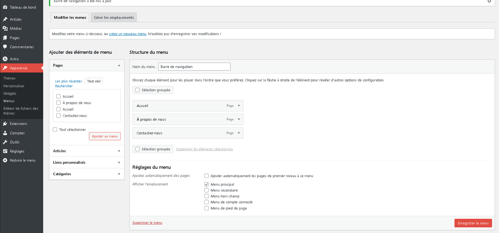 Définir le menu en tant que menu principal