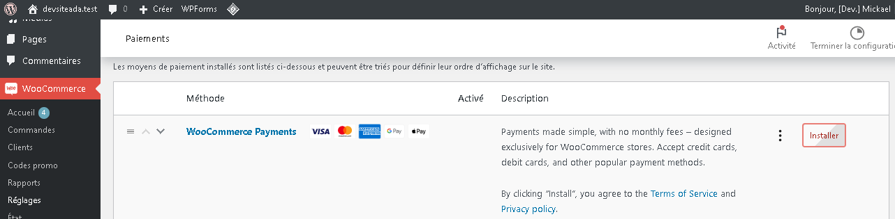 Installation paiement par carte woocommerce